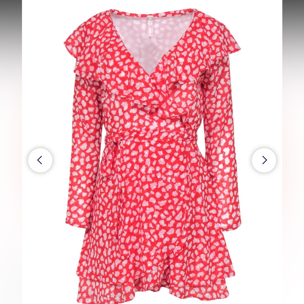 Free People - Red & White Printed Textured Wrap Dress W/ Ruffled Trim Sz S